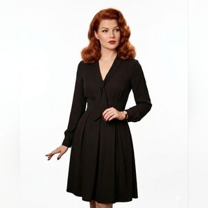 US10 Modcloth Pleasant Confidence Tie Neck Dress Retro Black